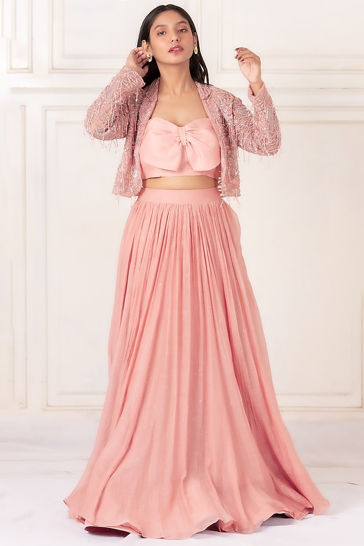 Blush Pink Chanderi Skirt Set by Kasturi Tikmani