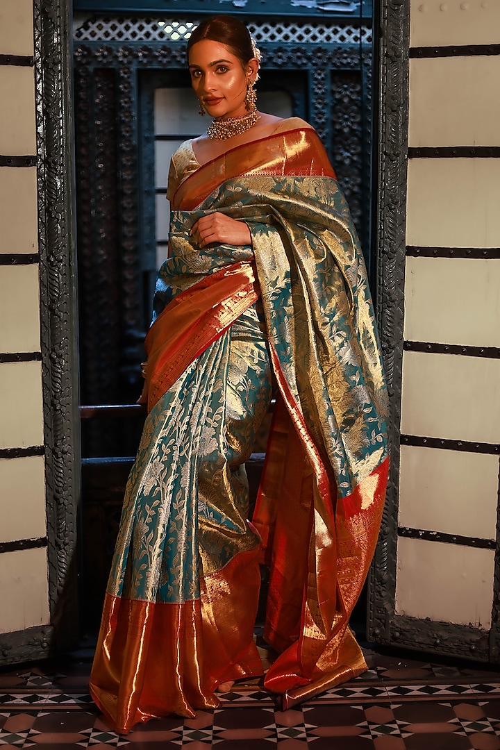 Red Mulberry Silk Zari & Floral Embroidered Saree Set by Tanishkaa sarees at Pernia's Pop Up Shop