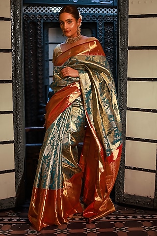 Red Mulberry Silk Zari & Floral Embroidered Saree Set by Tanishkaa sarees