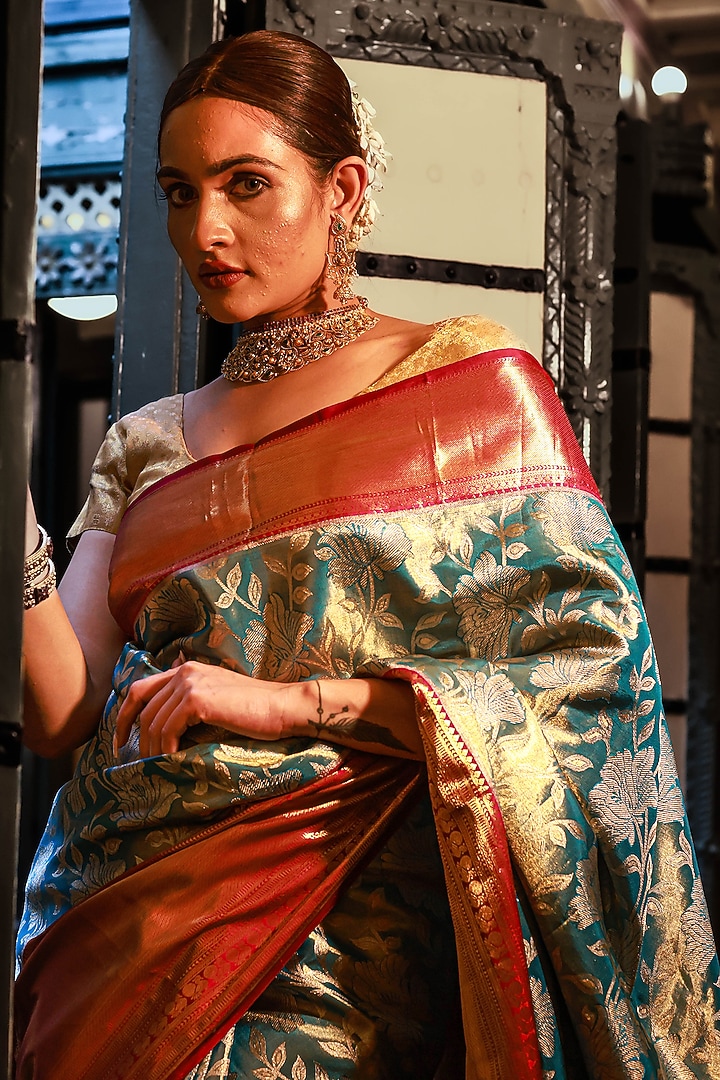 Red Mulberry Silk Zari & Floral Embroidered Wedding Saree Set by Tanishkaa Wedding Sarees at Pernia's Pop Up Shop