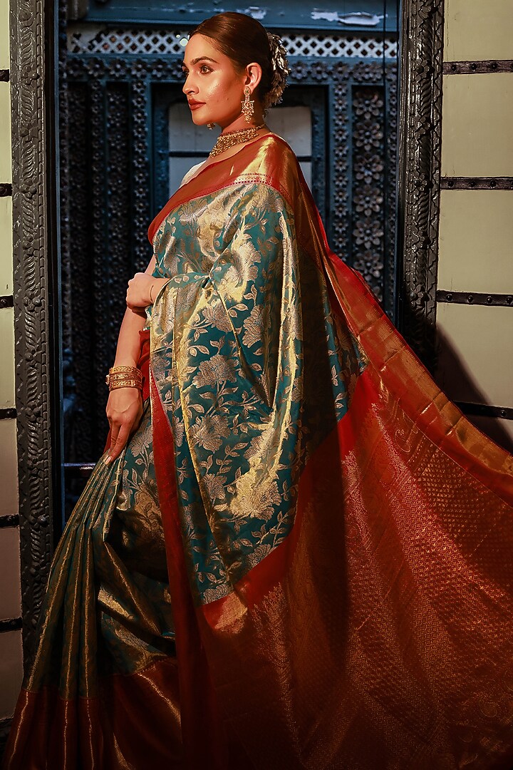 Red Mulberry Silk Zari & Floral Embroidered Wedding Saree Set by Tanishkaa Wedding Sarees at Pernia's Pop Up Shop