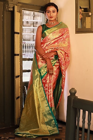 Green & Red Mulberry Silk Embellished Saree Set by Tanishkaa sarees