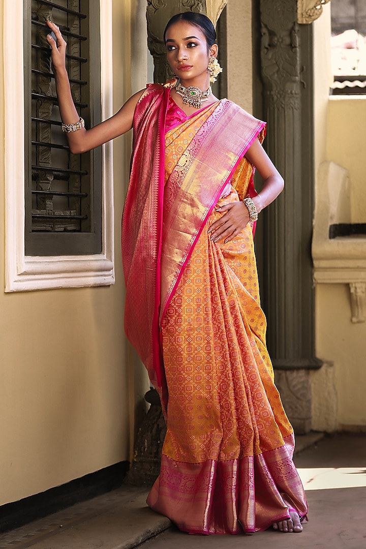 Pink & Yellow Mulberry Silk Embellished Saree Set by Tanishkaa sarees at Pernia's Pop Up Shop