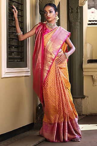 Pink & Yellow Mulberry Silk Embellished Saree Set by Tanishkaa sarees