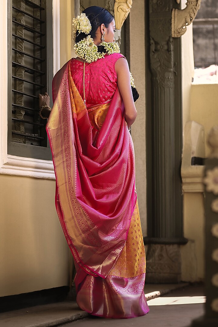Pink & Yellow Mulberry Silk Embellished Wedding Saree Set by Tanishkaa Wedding Sarees at Pernia's Pop Up Shop