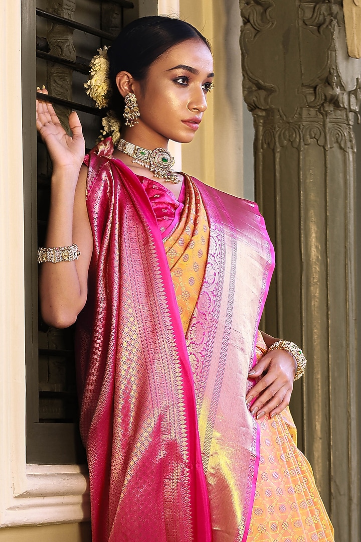 Pink & Yellow Mulberry Silk Embellished Wedding Saree Set by Tanishkaa Wedding Sarees at Pernia's Pop Up Shop