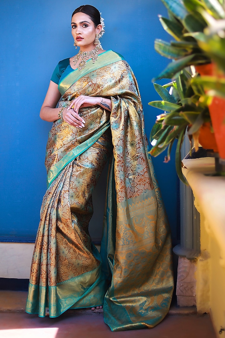 Sky Blue Mulberry Silk Zari Work Saree Set by Tanishkaa sarees at Pernia's Pop Up Shop