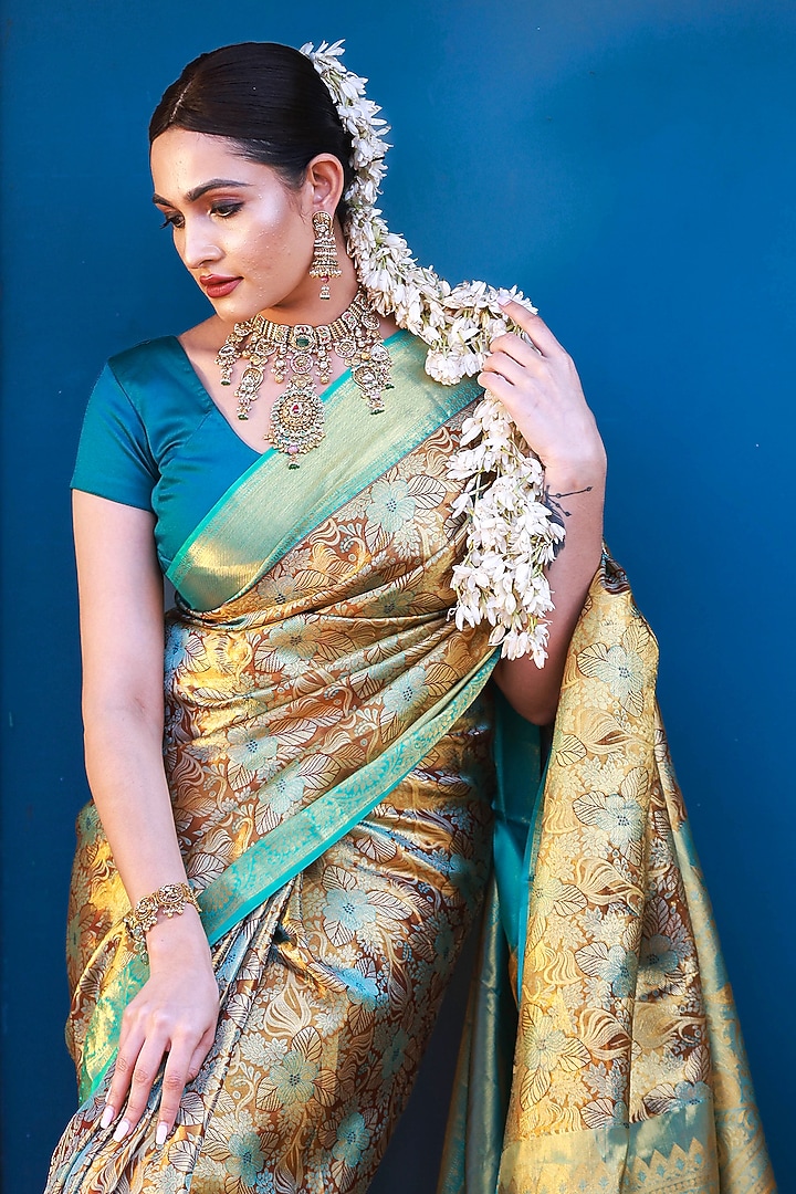 Sky Blue Mulberry Silk Zari Work Wedding Saree Set by Tanishkaa Wedding Sarees at Pernia's Pop Up Shop