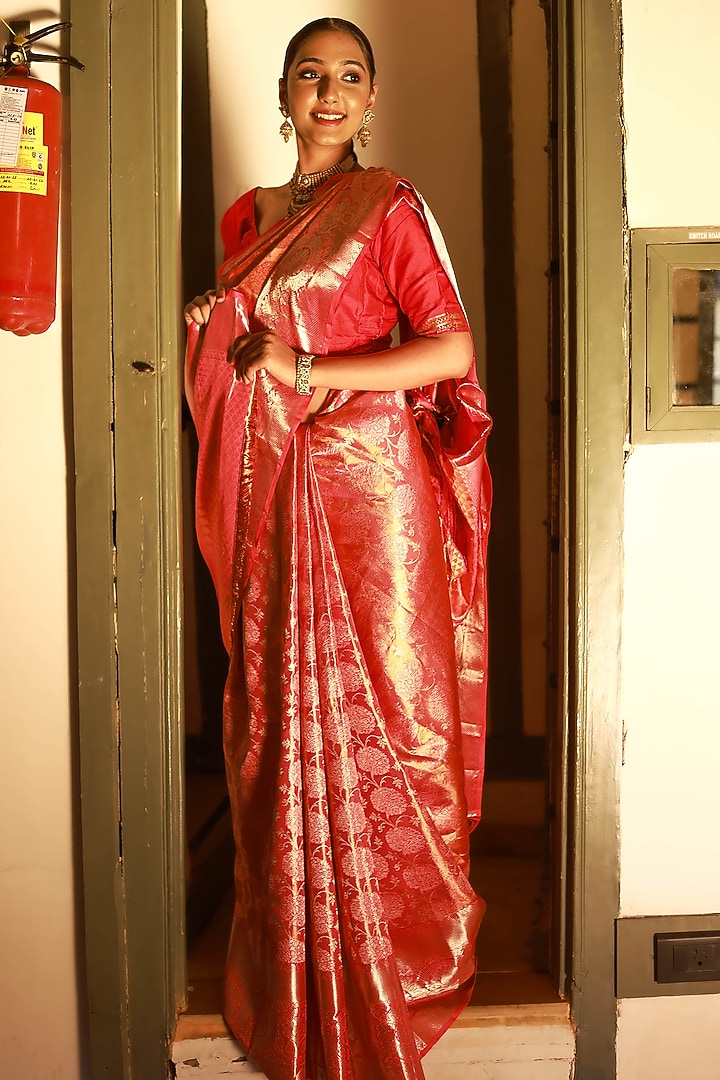 Red Wine Mulberry Silk Zari Work Wedding Saree Set by Tanishkaa Wedding Sarees at Pernia's Pop Up Shop