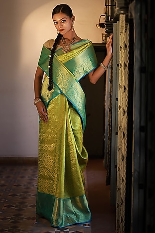 Sky Blue & Light Green Mulberry Silk Floral Embellished Saree Set by Tanishkaa sarees