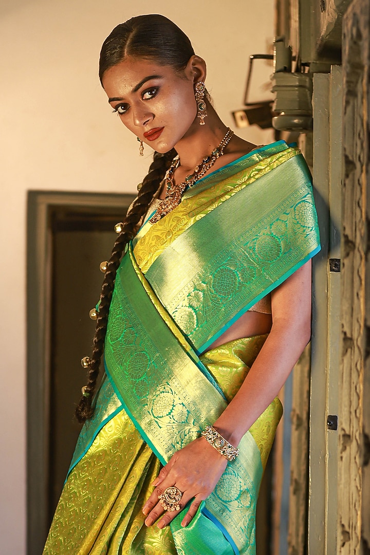 Sky Blue & Light Green Mulberry Silk Floral Embellished Wedding Saree Set by Tanishkaa Wedding Sarees at Pernia's Pop Up Shop