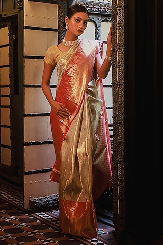 Red Mulberry Silk Embroidered Saree Set by Tanishkaa sarees