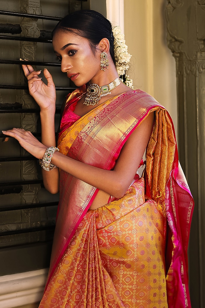 Red Mulberry Silk Embroidered Wedding Saree Set by Tanishkaa Wedding Sarees at Pernia's Pop Up Shop