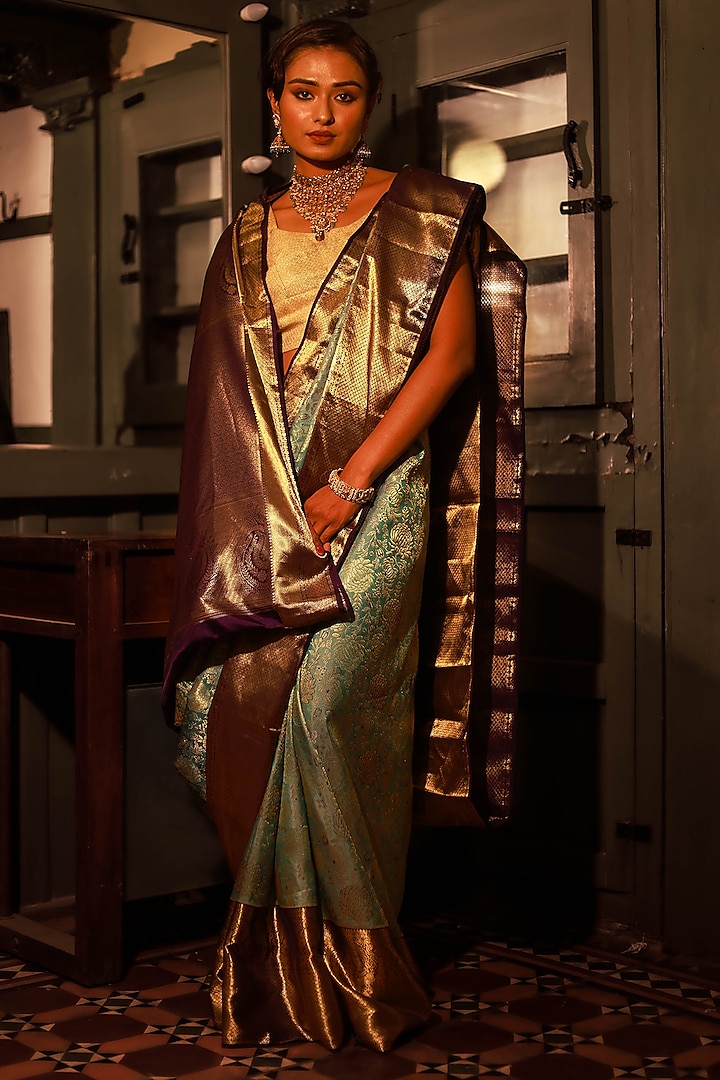 Purple Mulberry Silk Zari Work & Printed Saree Set by Tanishkaa sarees at Pernia's Pop Up Shop