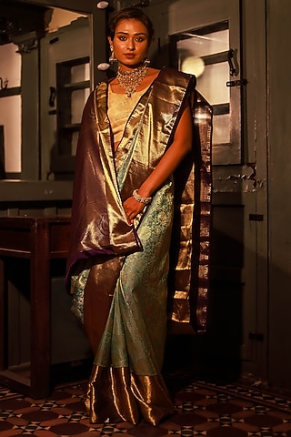 Purple Mulberry Silk Zari Work & Printed Saree Set by Tanishkaa sarees