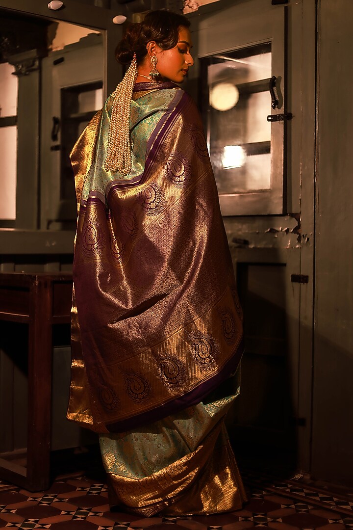 Purple Mulberry Silk Zari Work & Printed Wedding Saree Set by Tanishkaa Wedding Sarees at Pernia's Pop Up Shop