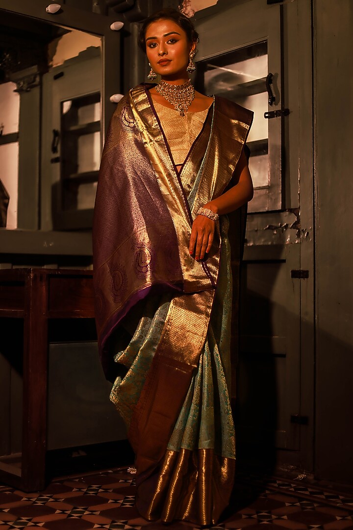 Purple Mulberry Silk Zari Work & Printed Wedding Saree Set by Tanishkaa Wedding Sarees at Pernia's Pop Up Shop