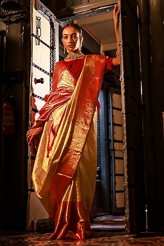 Red Mulberry Silk Zari Work & Printed Saree Set by Tanishkaa sarees