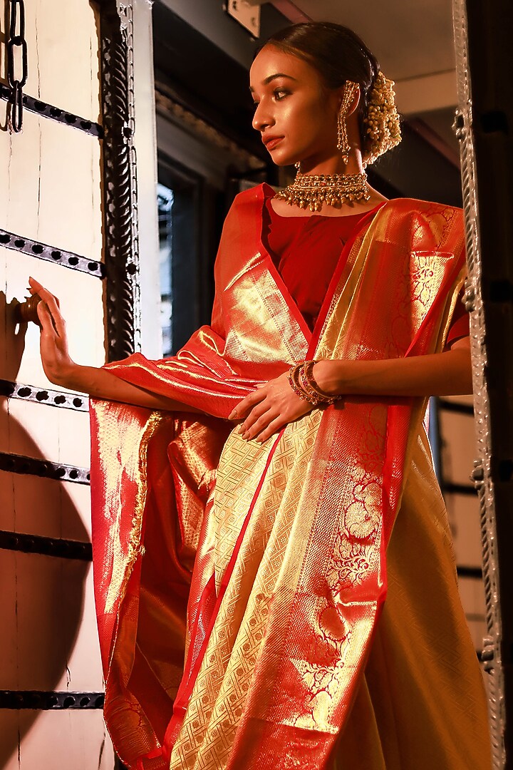 Red Mulberry Silk Zari Work & Printed Wedding Saree Set by Tanishkaa Wedding Sarees at Pernia's Pop Up Shop