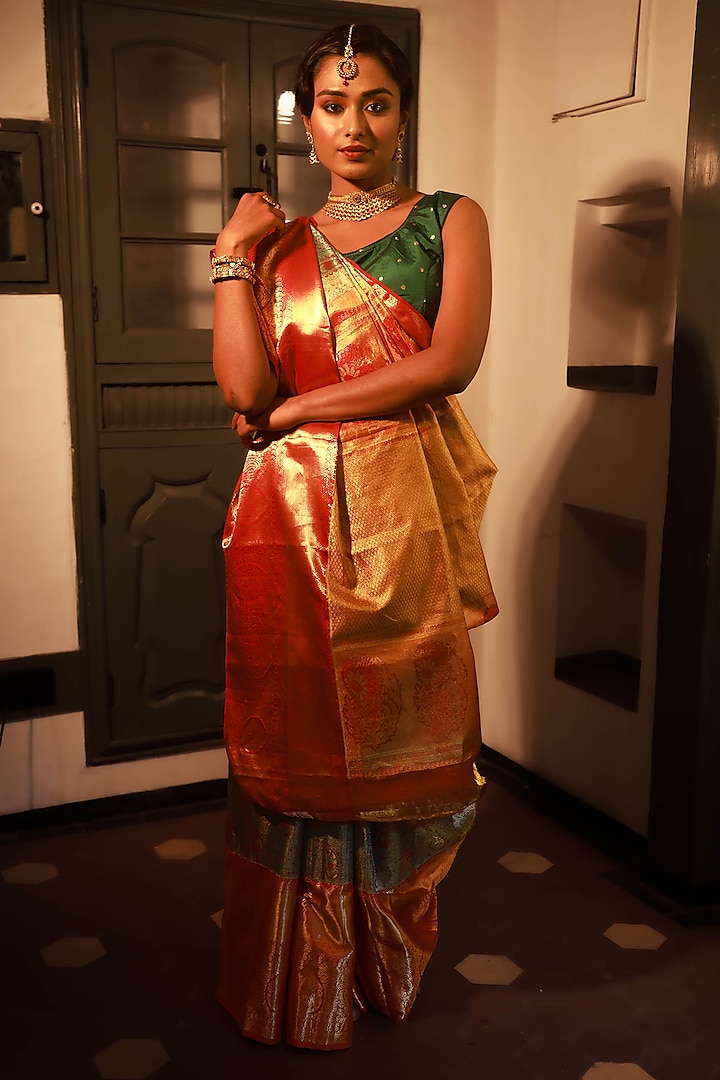 Red Mulberry Silk Printed Saree Set by Tanishkaa sarees at Pernia's Pop Up Shop