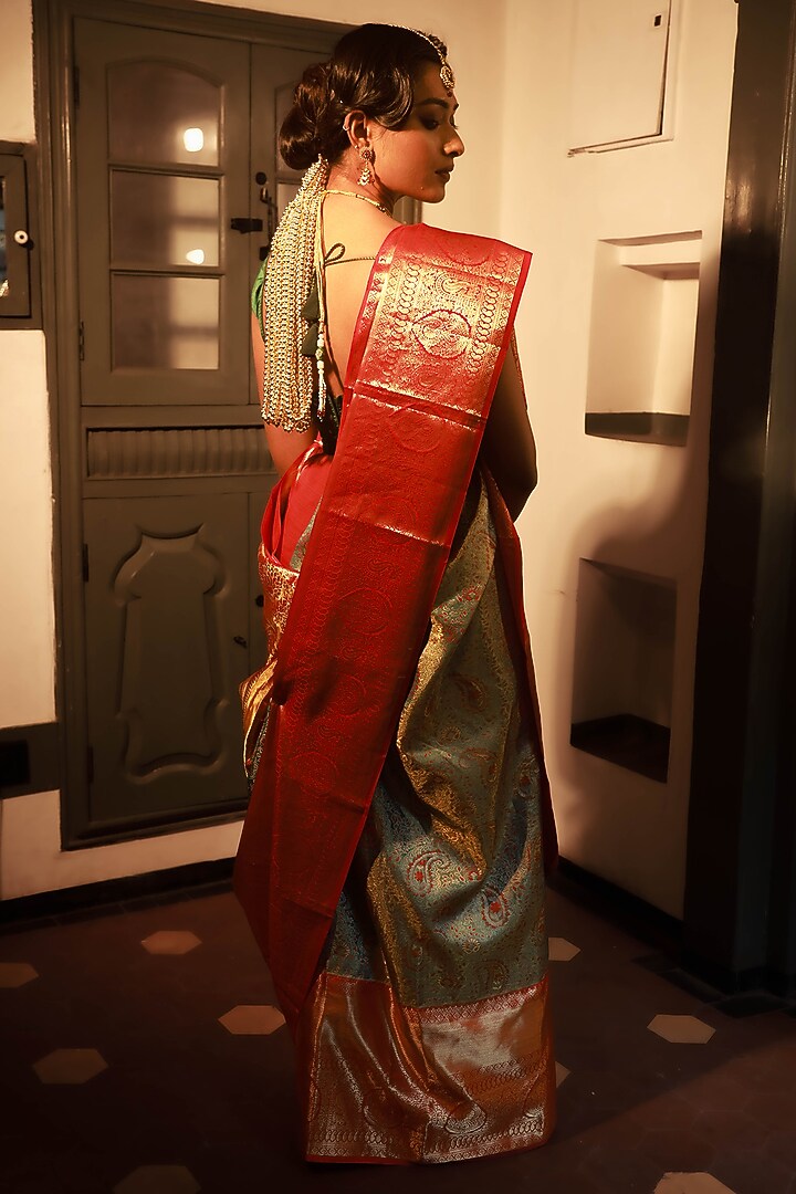 Red Mulberry Silk Printed Wedding Saree Set by Tanishkaa Wedding Sarees at Pernia's Pop Up Shop