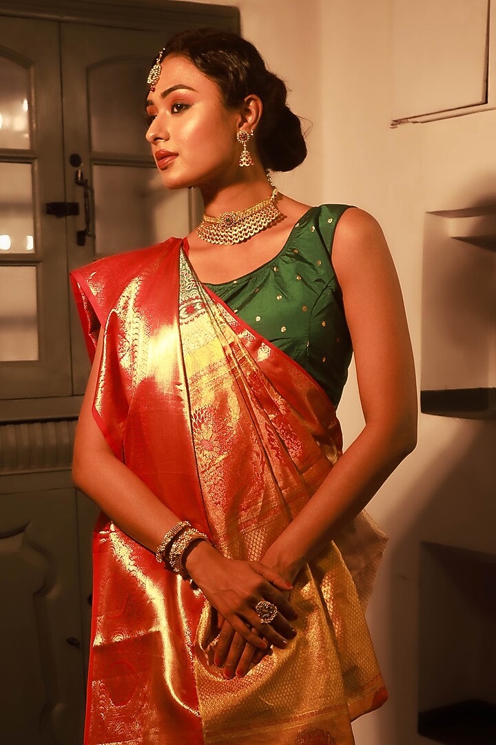 Red Mulberry Silk Printed Wedding Saree Set by Tanishkaa Wedding Sarees at Pernia's Pop Up Shop