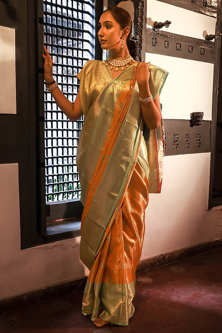 Orange Mulberry Silk Zari Work Saree Set by Tanishkaa sarees at Pernia's Pop Up Shop