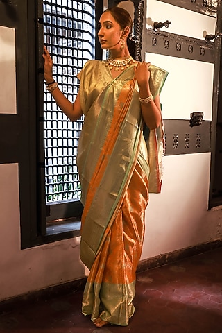 Orange Mulberry Silk Zari Work Saree Set by Tanishkaa sarees