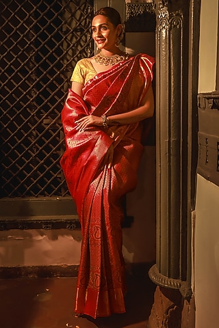 Pink Mulberry Silk Zari Work Saree Set by Tanishkaa sarees