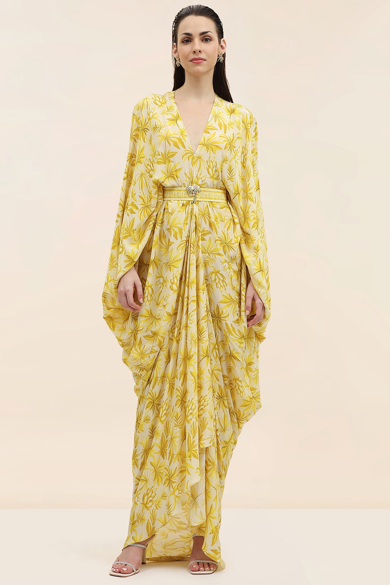TANGERINE Yellow Crepe Palm Printed Kaftan