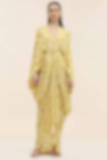 Yellow Crepe Palm Printed Kaftan by TANGERINE at Pernia's Pop Up Shop