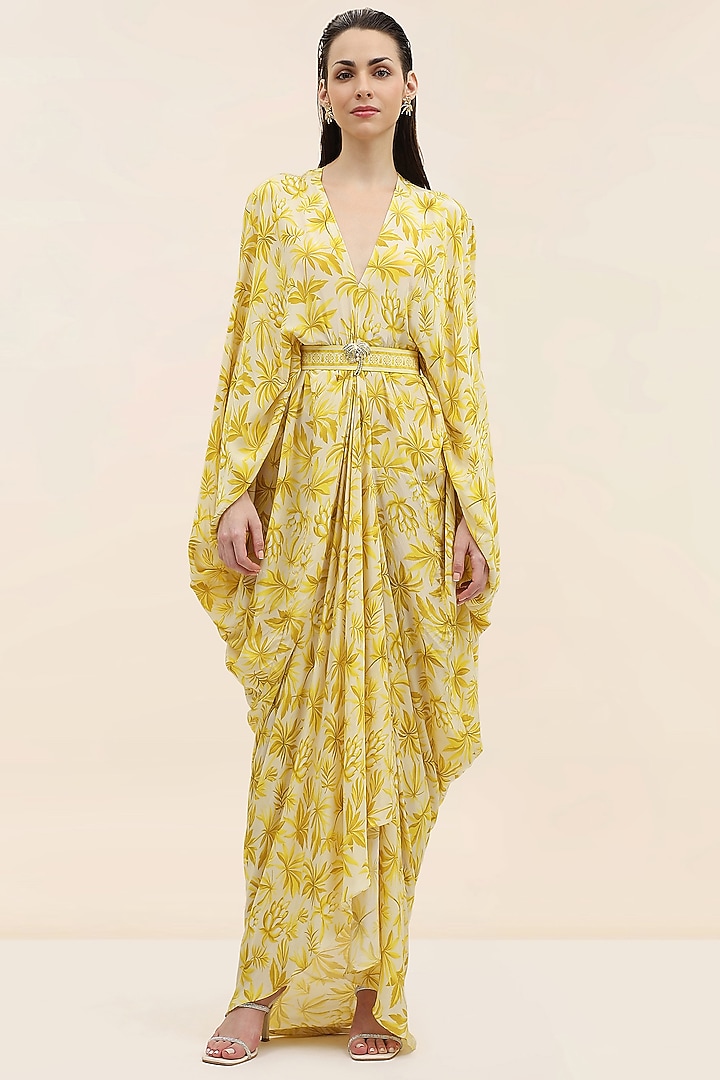 Yellow Crepe Palm Printed Kaftan by TANGERINE at Pernia's Pop Up Shop