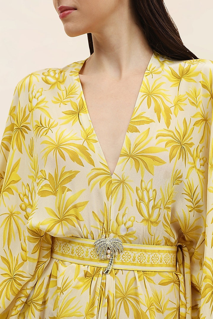 Yellow Crepe Palm Printed Kaftan by TANGERINE at Pernia's Pop Up Shop