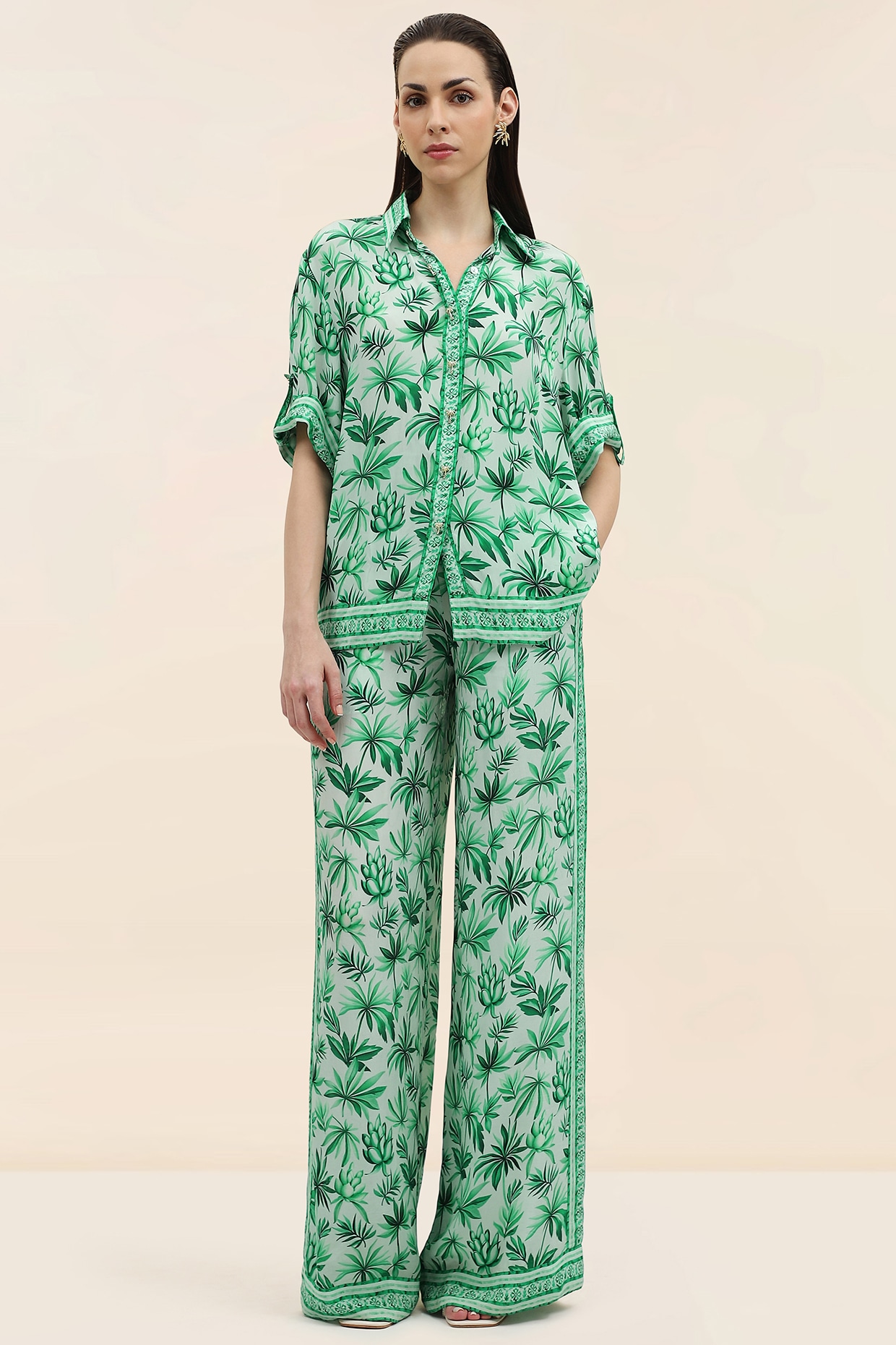 TANGERINE Sage Green Crepe Floral Printed Co-Ord Set