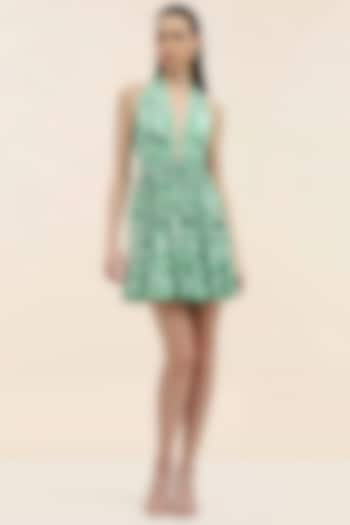 Sage Crepe Palm Printed Mini Summer Dress by TANGERINE at Pernia's Pop Up Shop