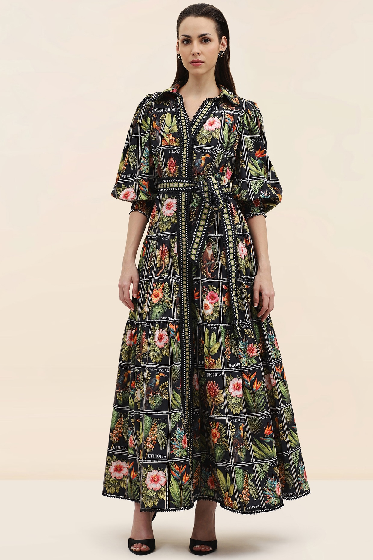 TANGERINE Midnight Black Poplin Tropical Printed Maxi Dress