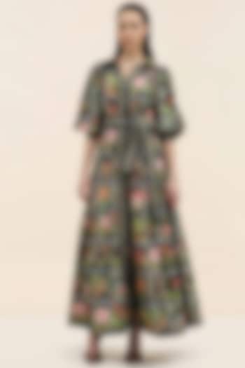 Midnight Black Poplin Tropical Printed Maxi Vacation Dress by TANGERINE at Pernia's Pop Up Shop