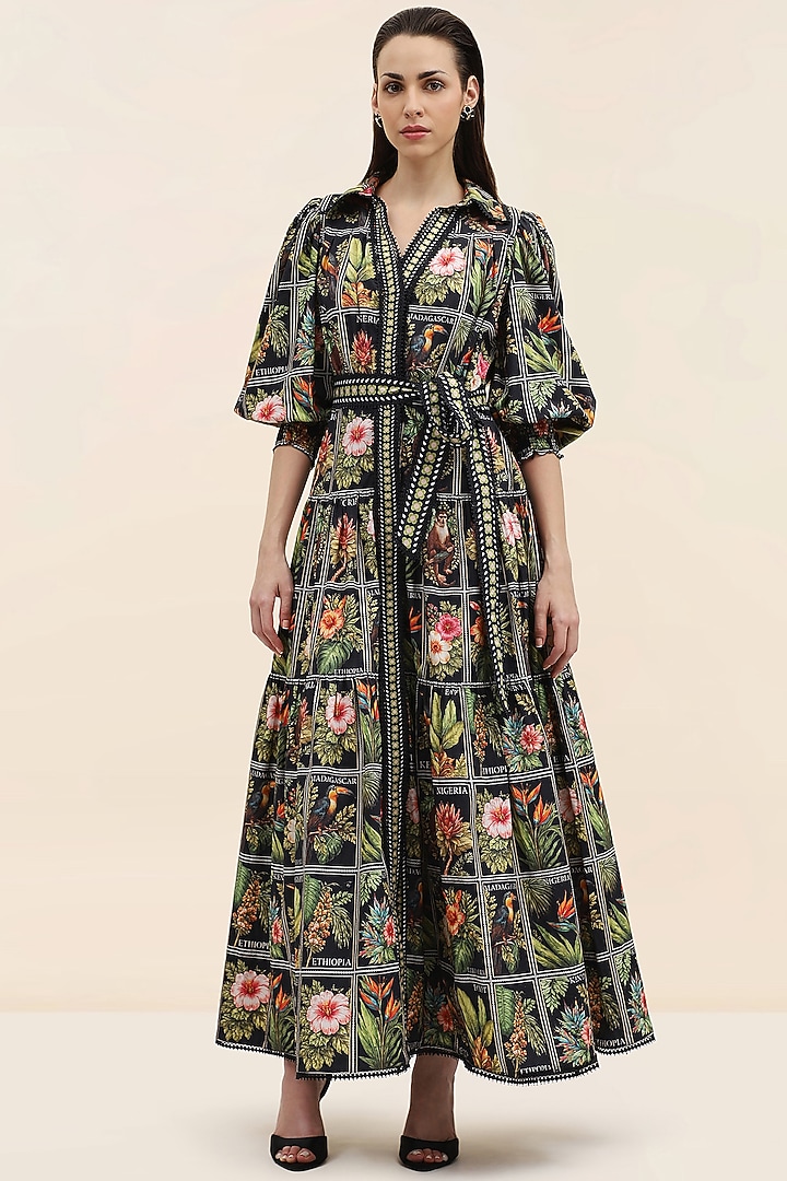 Midnight Black Poplin Tropical Printed Maxi Vacation Dress by TANGERINE at Pernia's Pop Up Shop