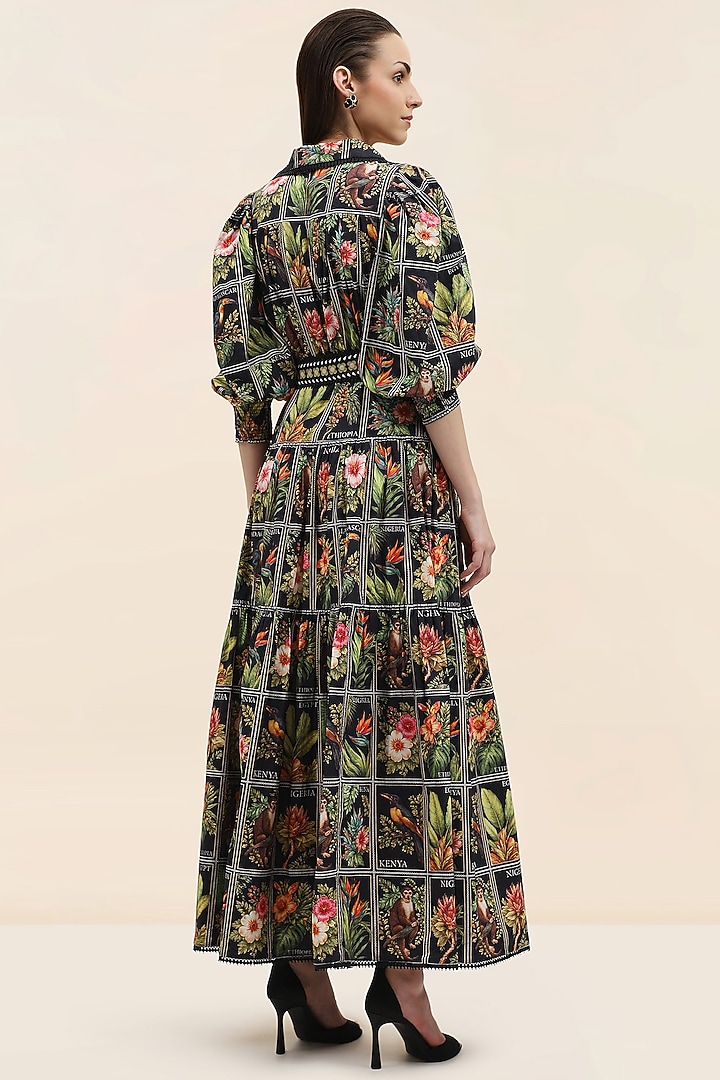 Midnight Black Poplin Tropical Printed Maxi Vacation Dress by TANGERINE at Pernia's Pop Up Shop
