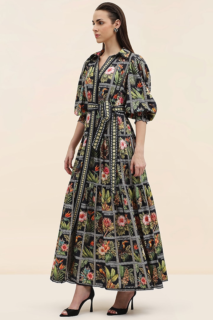 Midnight Black Poplin Tropical Printed Maxi Vacation Dress by TANGERINE at Pernia's Pop Up Shop