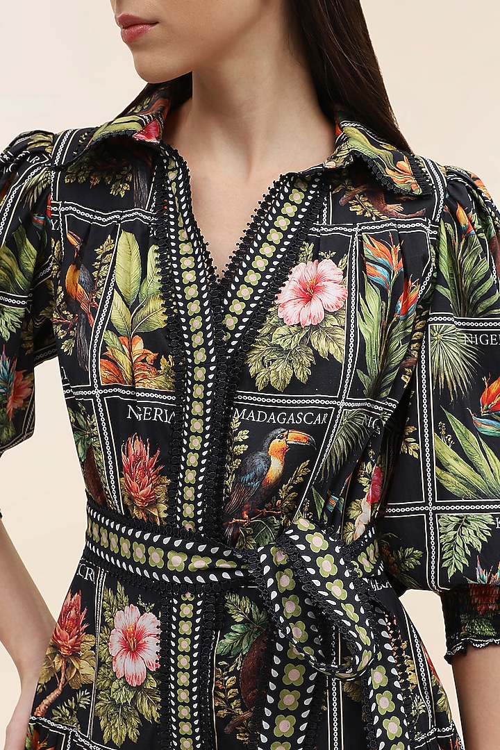 Midnight Black Poplin Tropical Printed Maxi Vacation Dress by TANGERINE at Pernia's Pop Up Shop