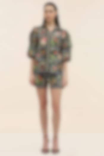 Midnight Black Poplin Tropical Printed Shorts by TANGERINE at Pernia's Pop Up Shop