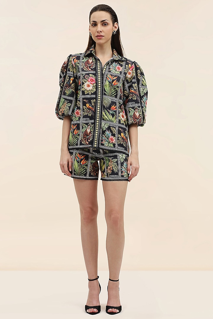 Midnight Black Poplin Tropical Printed Shorts by TANGERINE at Pernia's Pop Up Shop