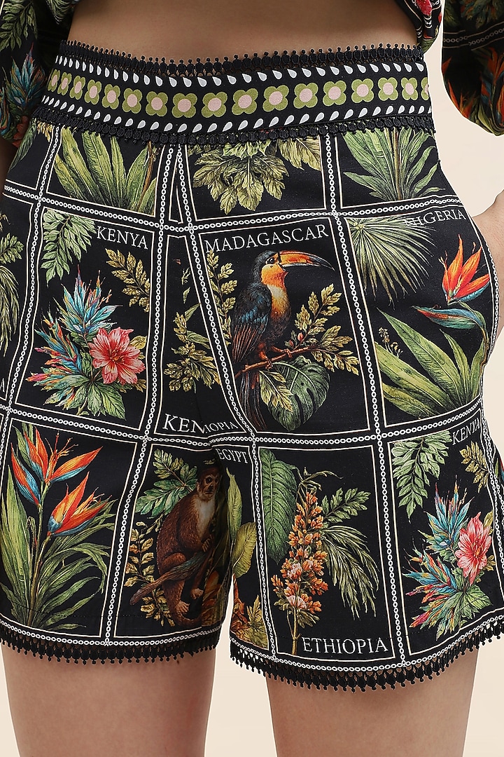 Midnight Black Poplin Tropical Printed Shorts by TANGERINE at Pernia's Pop Up Shop