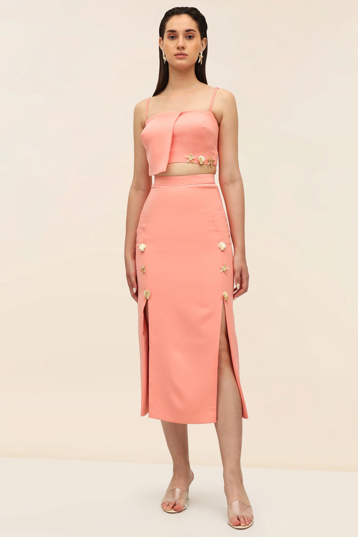 TANGERINE Coral Banana Crepe Embellished Co-Ord Set