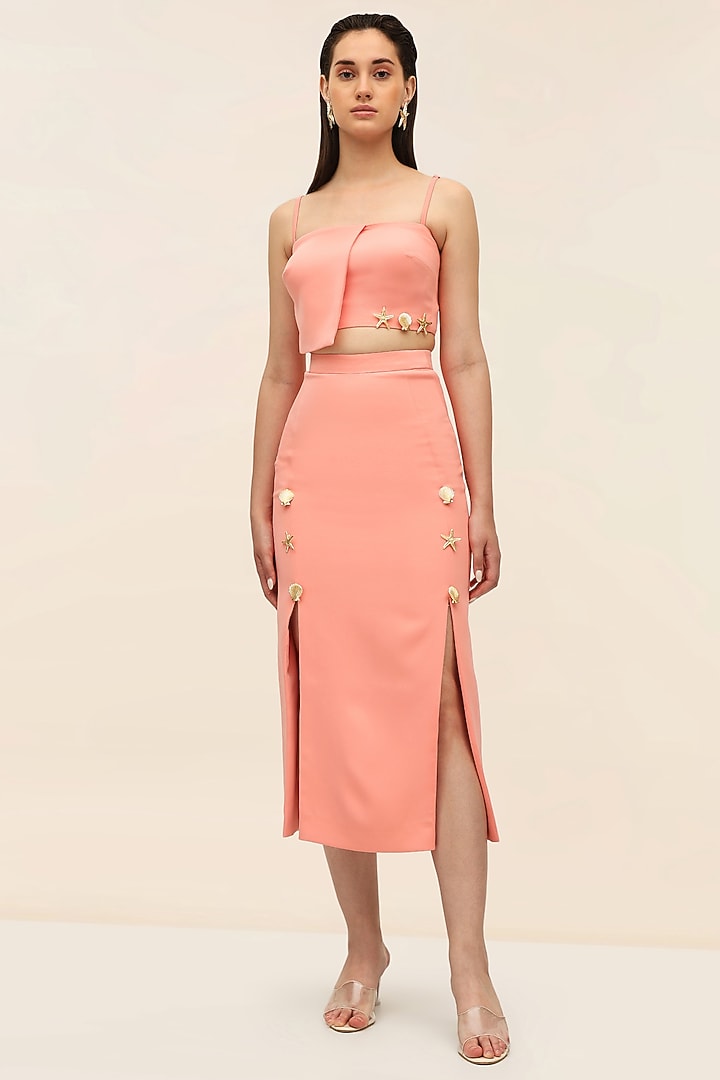 Coral Banana Crepe Embellished Co-Ord Set by TANGERINE at Pernia's Pop Up Shop
