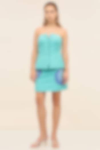 Turquoise Banana Crepe Hand-Embellished Mini Skirt by Taangerine Tiger at Pernia's Pop Up Shop