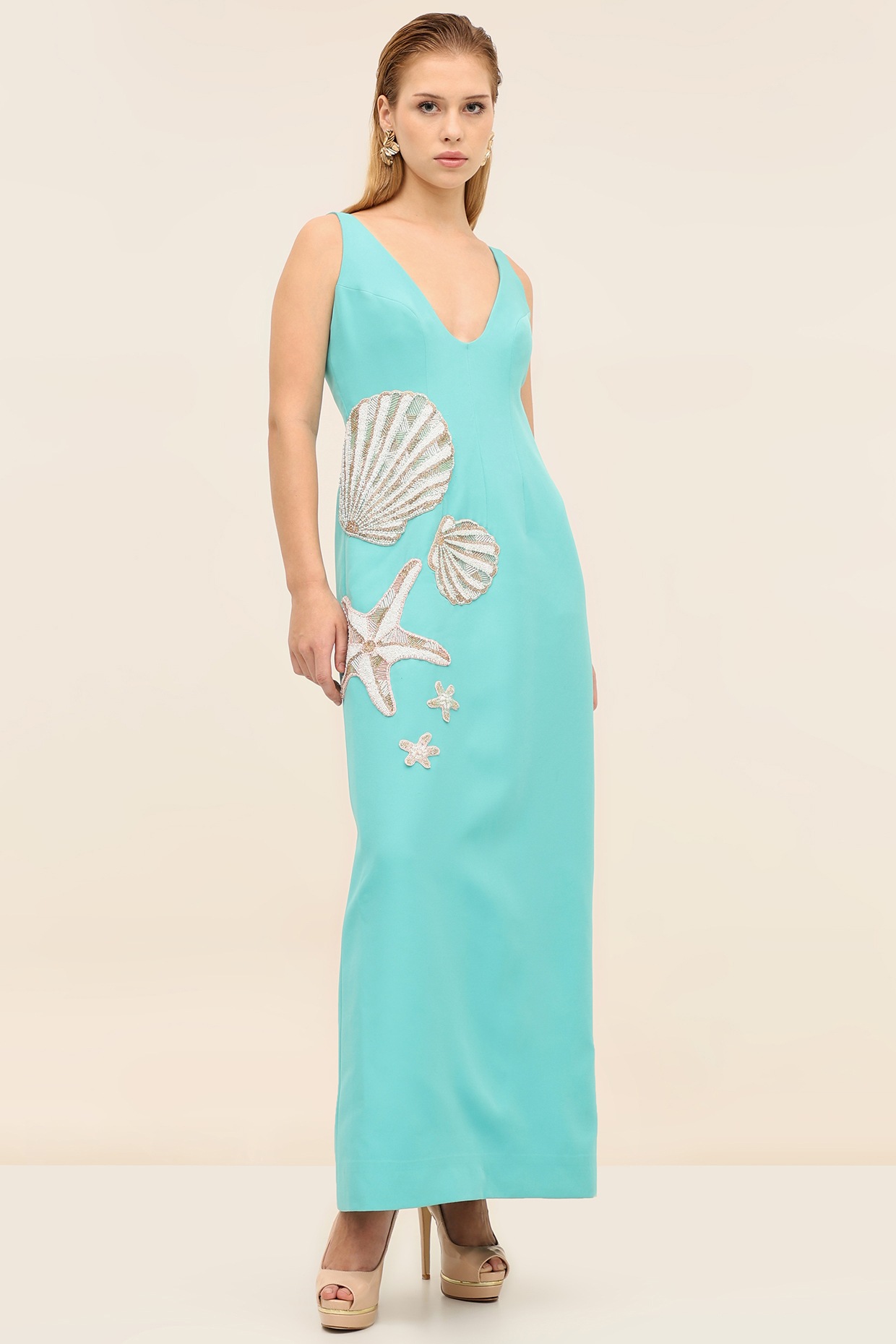 TANGERINE Turquoise Banana Crepe Hand-Embroidered Midi Dress