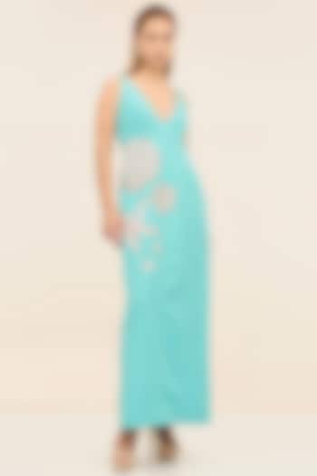 Turquoise Banana Crepe Hand-Embroidered Midi Vacation Dress by TANGERINE at Pernia's Pop Up Shop