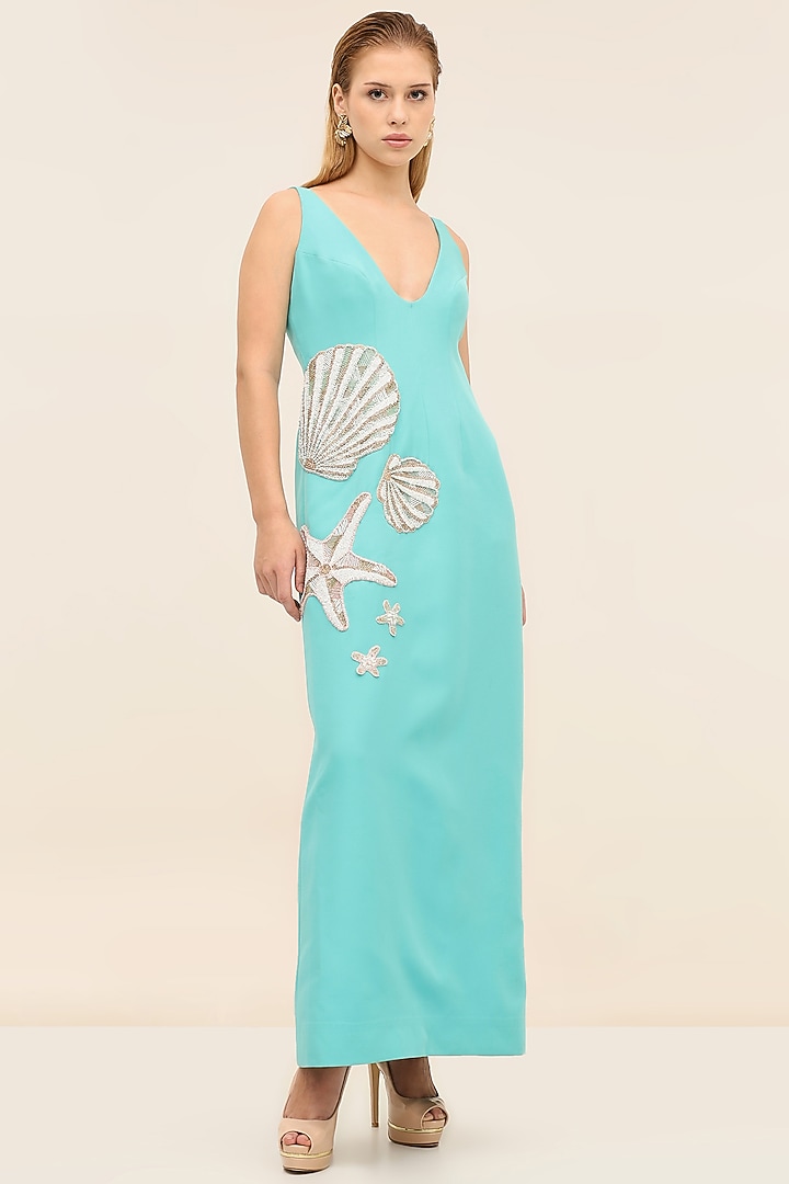 Turquoise Banana Crepe Hand-Embroidered Midi Vacation Dress by TANGERINE at Pernia's Pop Up Shop